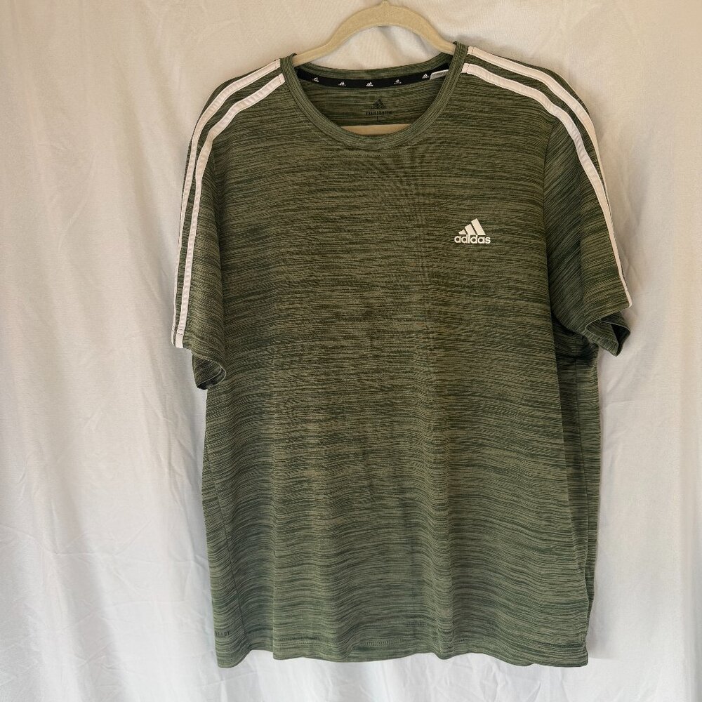 adidas Mens Large L Green Black Heather 3 Stripe Short Sleeve T-shirt Primegreen